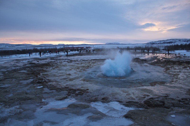 Experience A Winter Sunset At The Geysir Geothermal Field In Iceland