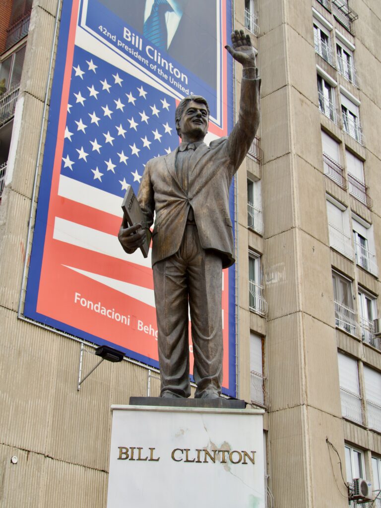 Bill Clinton Statue Pristina With Billboard